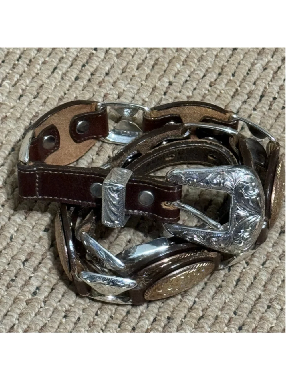 Nadim Western Concho Leather Belt Brown Engraved Silver Buckle Cowgirl Boho